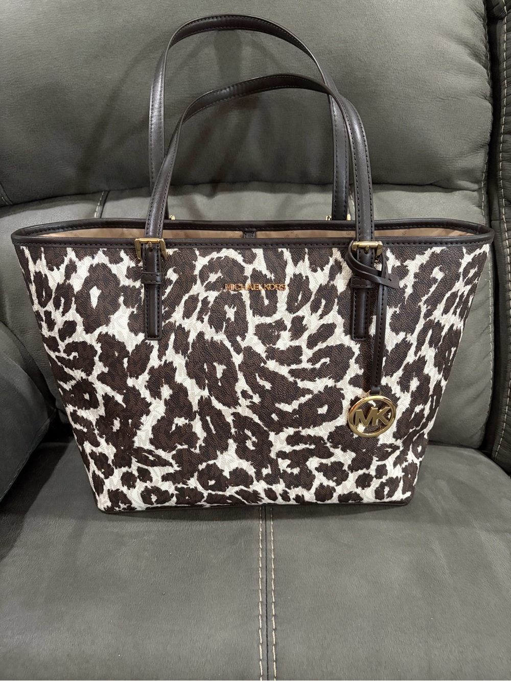 Michael Kors Chocolate Brown and White Leopard-Print Medium Jet Set Tote